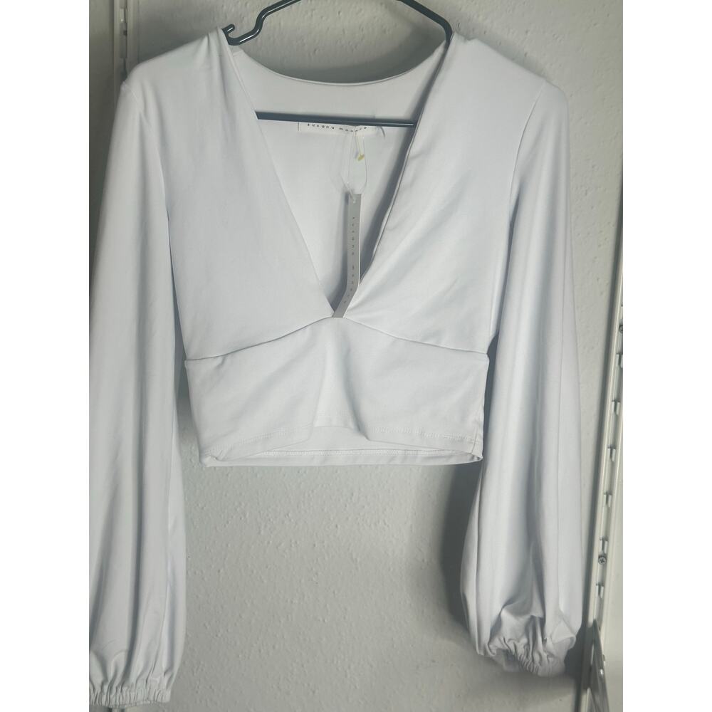 Susana Monaco White V-Neck Puff Sleeve Crop Top